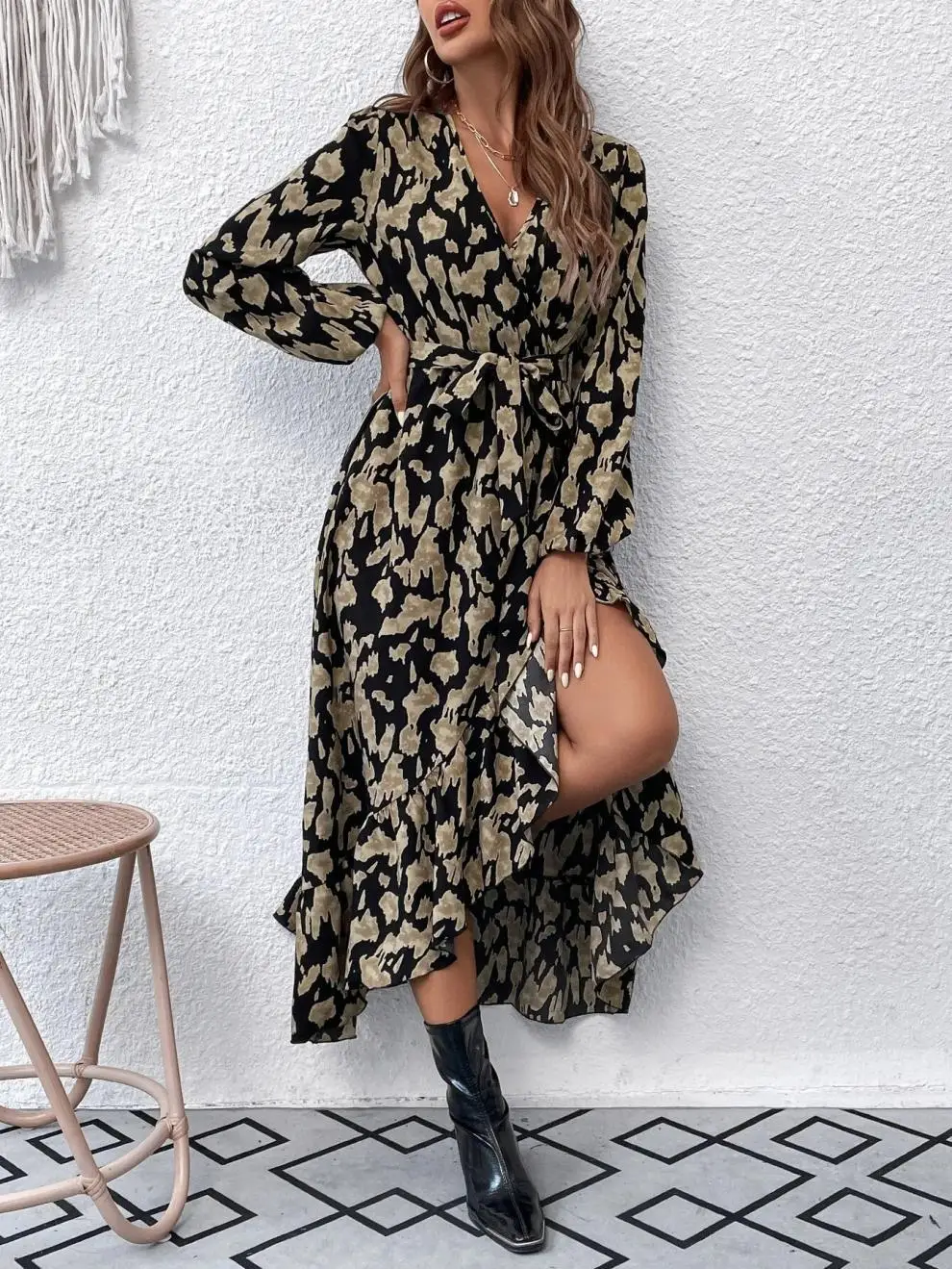 

Woman Leopard Print V Neck Long Sleeve Maxi Dress with Belt Asymmetric Ruffled Hem Elegant for Party and Casual Styles