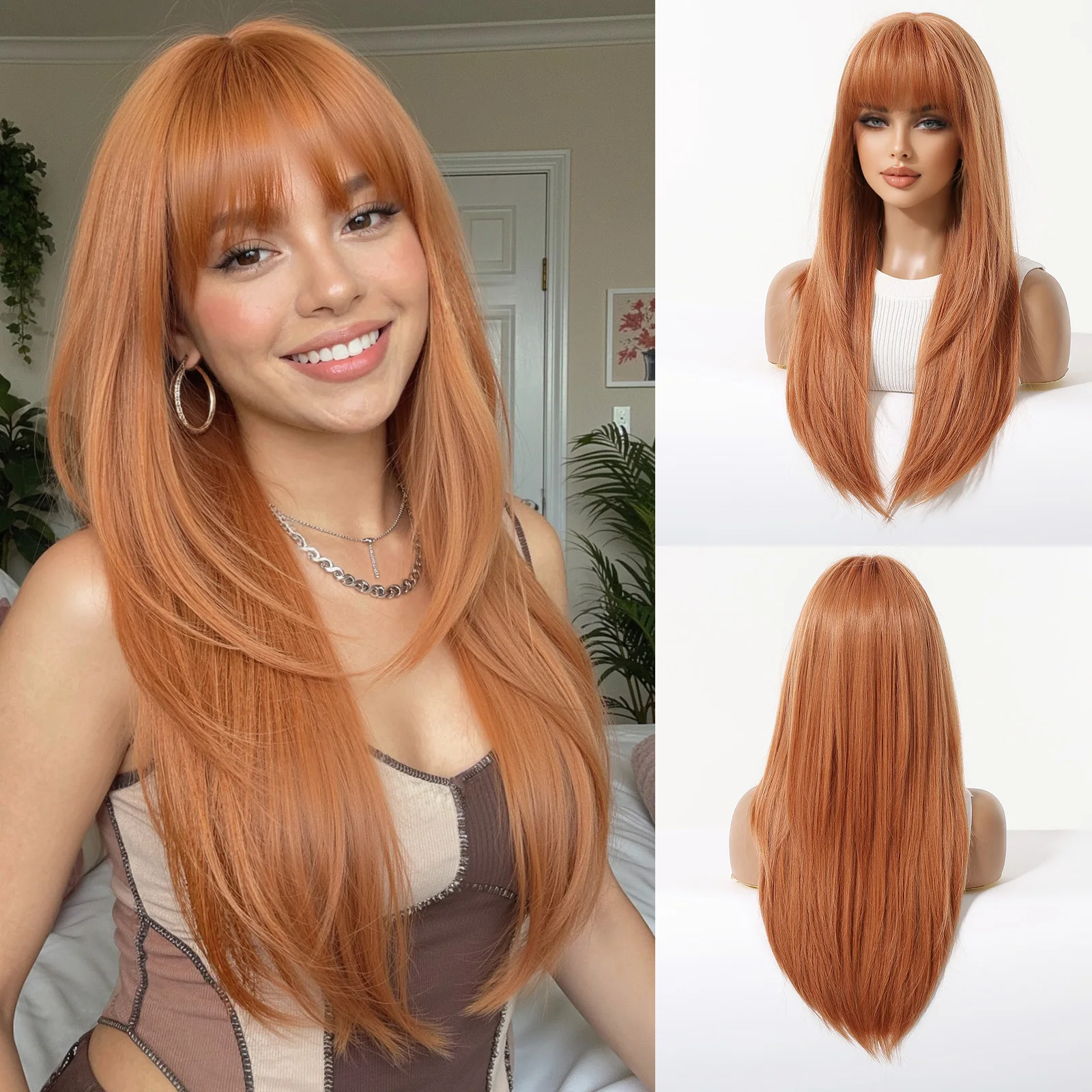 

Оранжевые синтетические парики EASIHAIR с челкой, длинные прямые многослойные натуральные парики для женщин, для повседневного использования и косплея, из термостойкого волокна