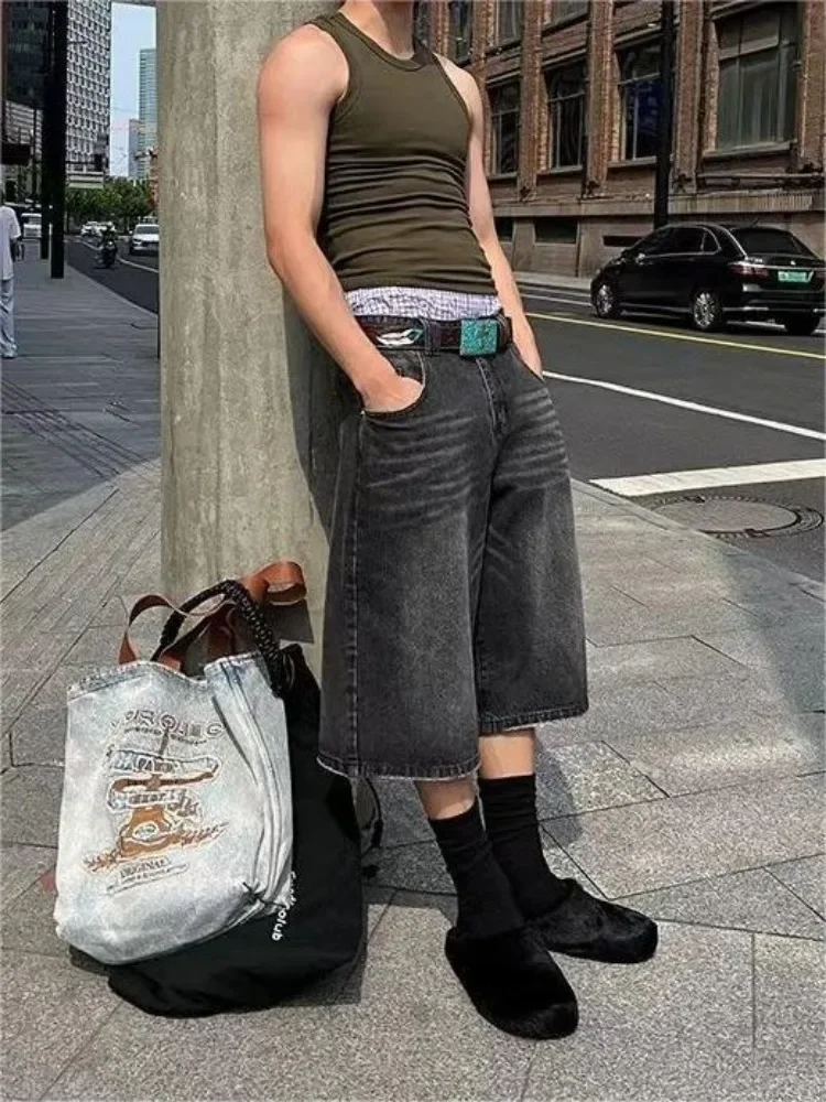 هوتشو Y2k خمر السراويل السوداء امرأة فضفاض Harajuku شورت جينز كبير الحجم الشارع الشهير الكورية نمط عالية النار الدنيم السراويل الصيف