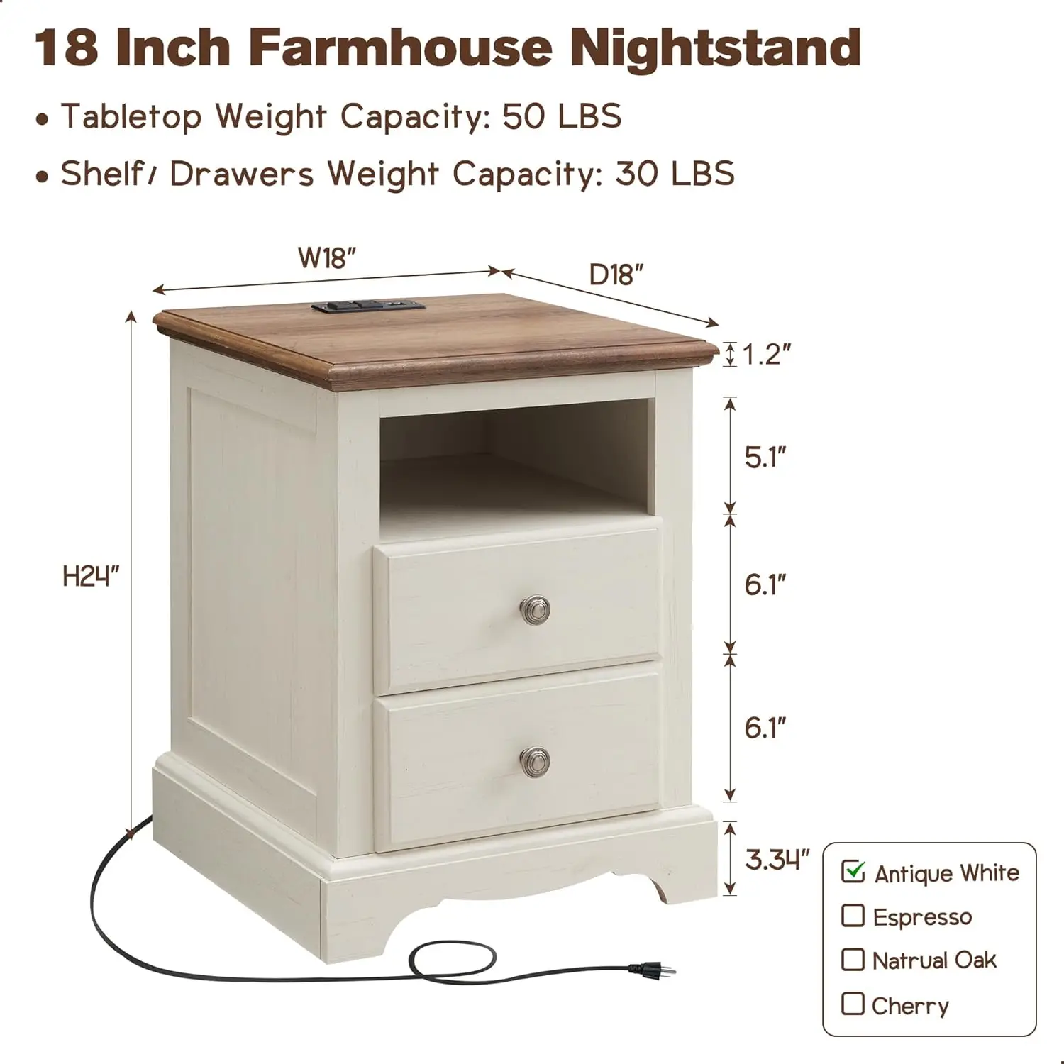 Nightstand with Charging Station 18 Inch Vintage End Table W/ 2 Drawers, Wood Rustic Sofa Side Table Open Storage Shelf