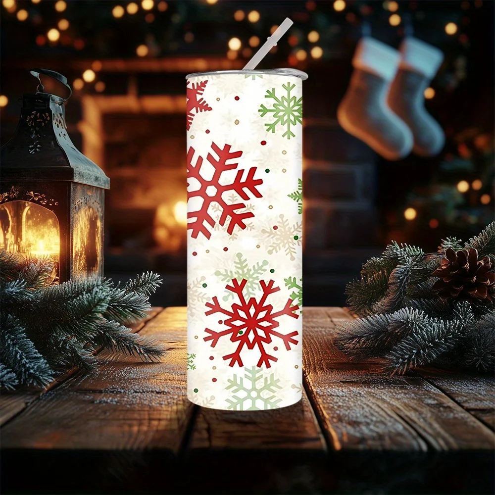 1pc 20oz Stainless Steel Insulated Tumbler with Snowflake and Red-Green Pattern, Straw Included, Suitable for Car, Home, and Daily Use, Gift for Family and Friends