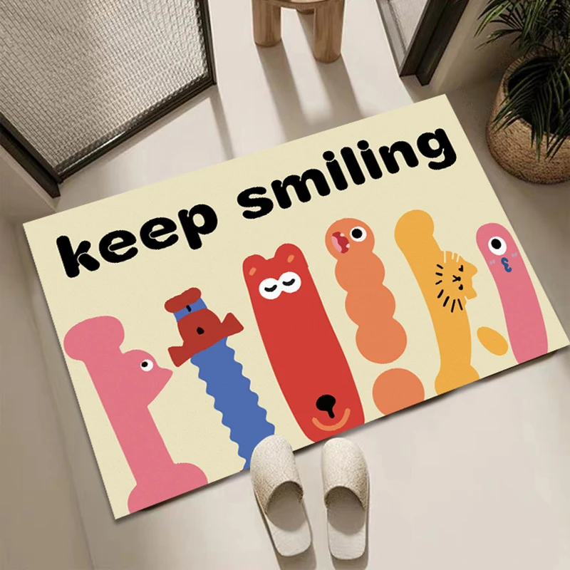 Cute Cartoon Abstract Monster Crystal Velvet Doormat, Black Background Colorful Graffiti Character HI Print Floor Rug, Anti‑Slip
