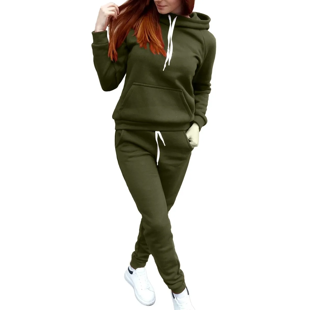 Solid Color Hoodies+Jogger Running Sweatpants 2 Piece Set 2024 Plus Size Loose Warm Fleece Trouser Suits Women CasualPant Sets