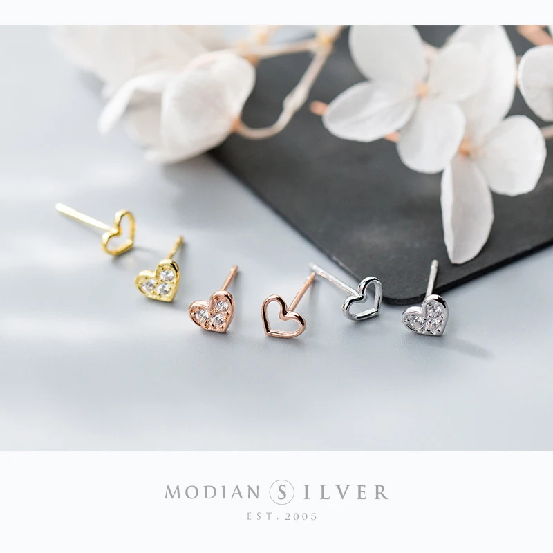 Modian 2025 New Sale Real 925 Sterling Silver Charm Hollow Clear CZ Hearts Stud Earrings For Women Fashion Wedding Jewelry Gift