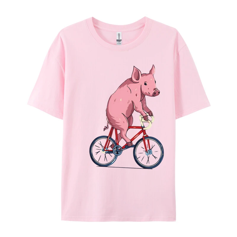 Pig Riding Bicycle Cute Biker Cyclist T-shirt Men Soft Cotton T-Shirt Aesthetic Camisas Men Tshirt Camisas