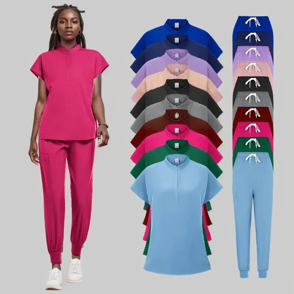 Wysokiej jakości hurtownia sala operacyjna zestaw mundurków medycznych z krótkim rękawem pielęgniarka akcesoria do karmienia topy spodnie elastyczne peelingi garnitur