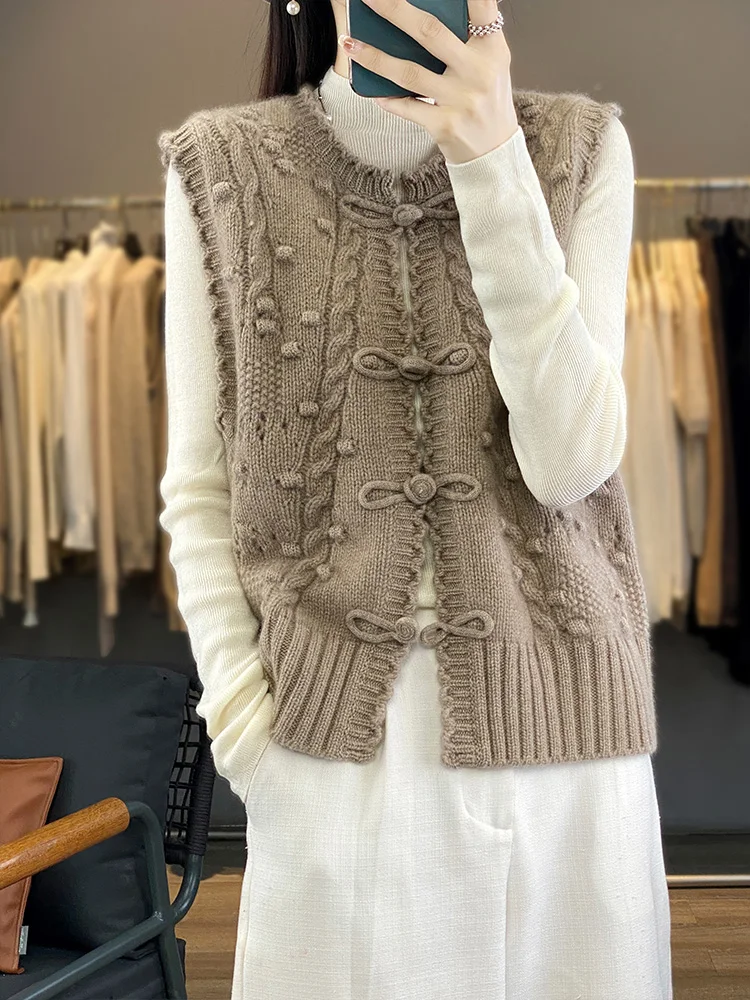 Women's Waistcoat Cardigan Sweater Cashmere Autumn Winter 100% Merino Wool Knitted Chinese Style Buttons Vintage Sleeveless Vest