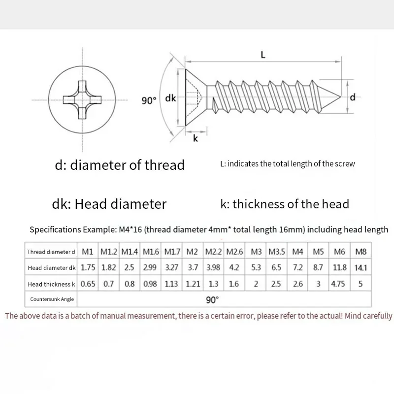 M2.2 M2.6 M3 M3.5 M4 M5 Ka Wkręty samogwintujące do drewna z łbem stożkowym Śruby krzyżowe ze stali nierdzewnej 304 Rozszerzone śruby z łbem płaskim