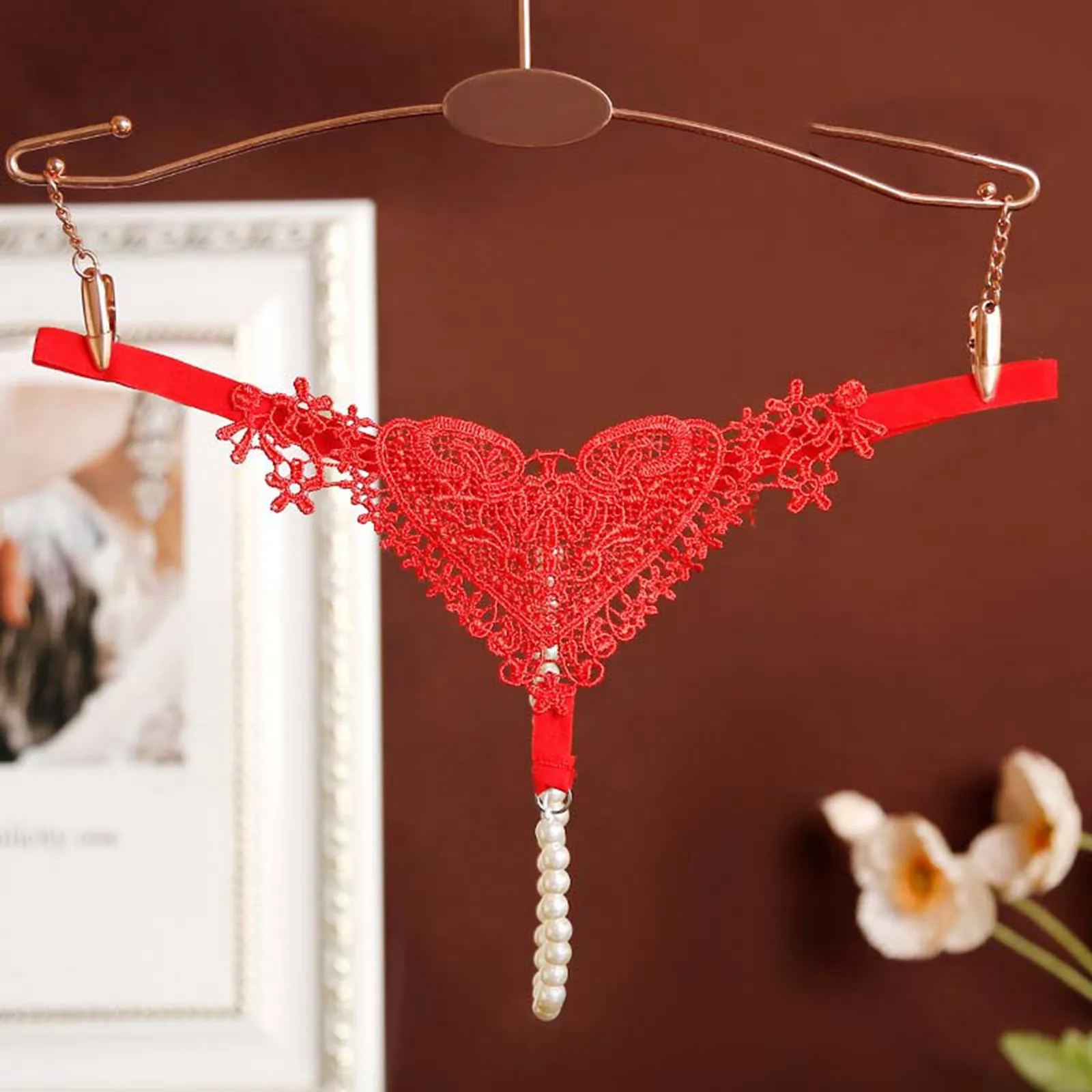 Women Sexy Lingerie Panties Heart Embroidery Micro G-String Beaded Thin Straps Thong Hollow Out See-Through T-Back Tangas Mujer