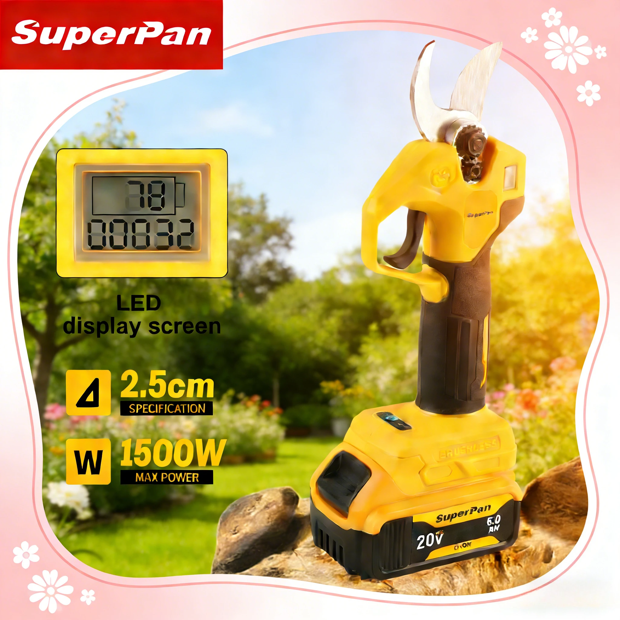 

Электрические секаторы SuperPan с бесщеточным двигателем для обрезки садов и цветов, совместимые с аккумулятором DeWalt 20V.