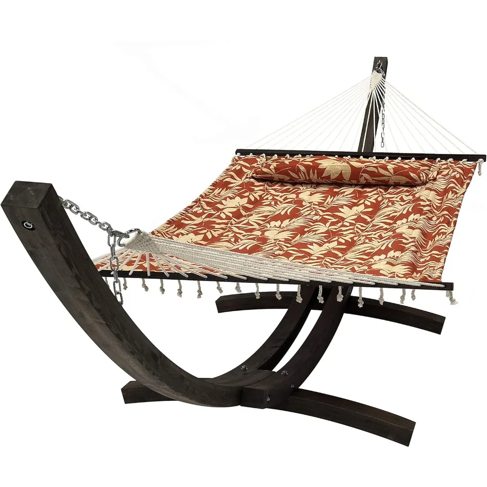 14 Ft. Wooden Arc Hammock Stand + Deluxe Quilted Double Padded Hammock Bed W/Pillow. 450 LB Capacity 2 Person Bed