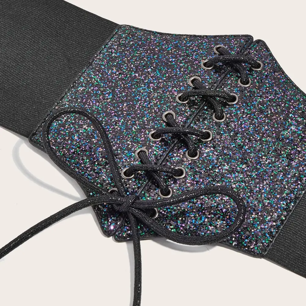 Fascia elastica dorata con glitter scintillanti Cintura con stampa leopardata Cintura in pelle PU Cintura con corsetto blingbling Donna