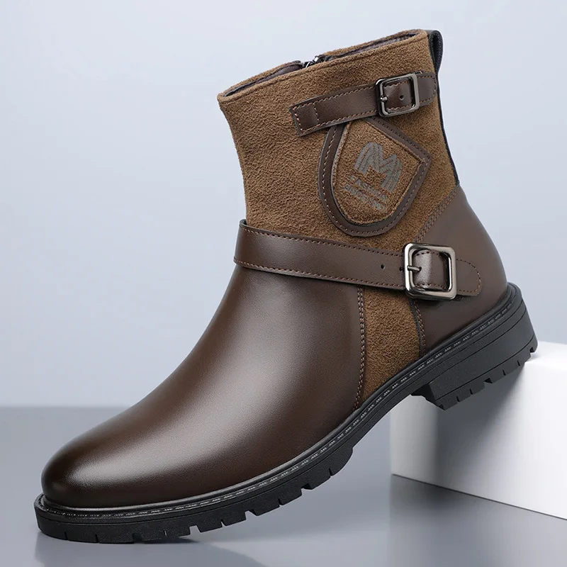 Men's British Style Retro High Top Leather Boots Spliced Belt Buckle Thick Sole Outdoor Western Boots