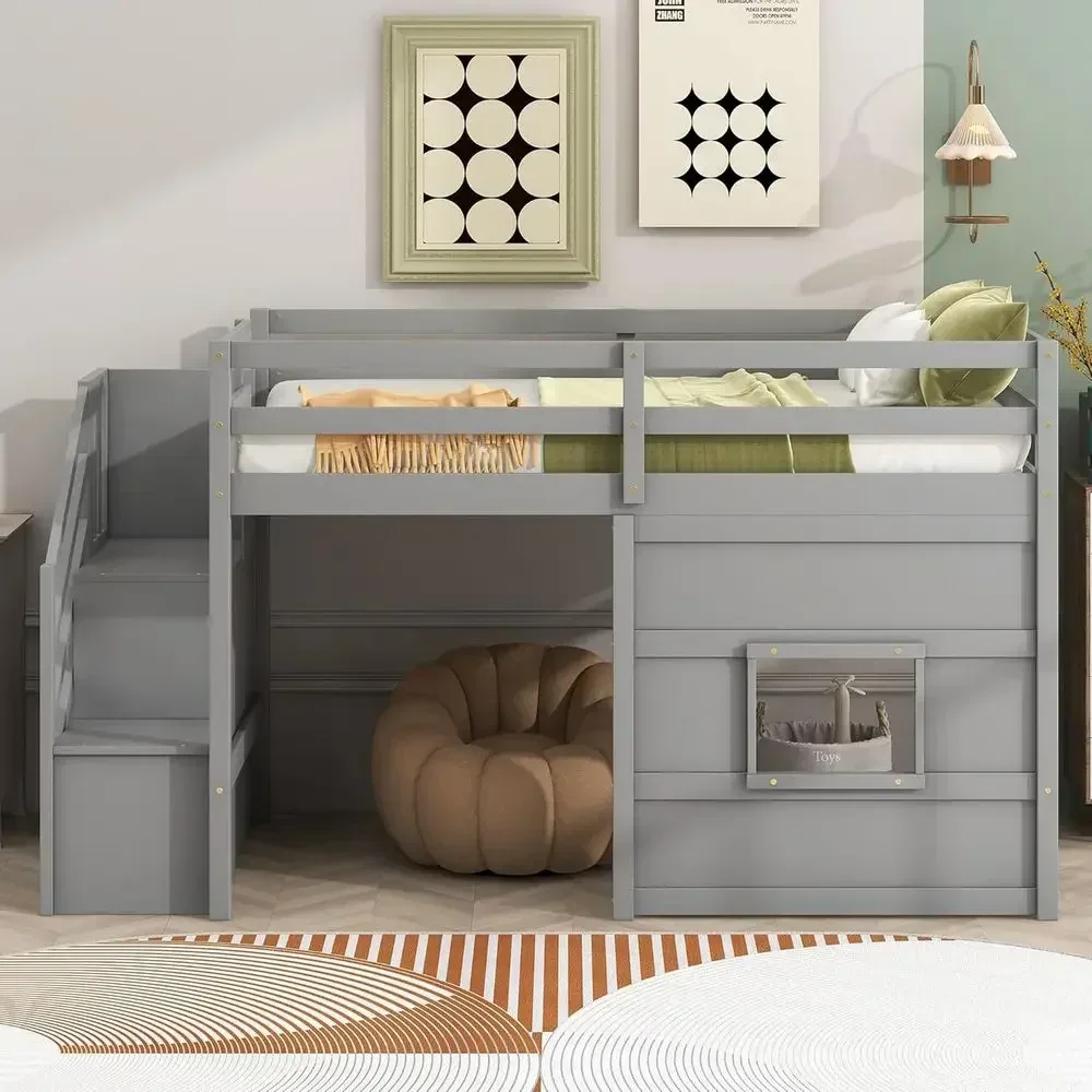 Gray Twin Wooden Bunk Bed with Storage Stairs for Kids