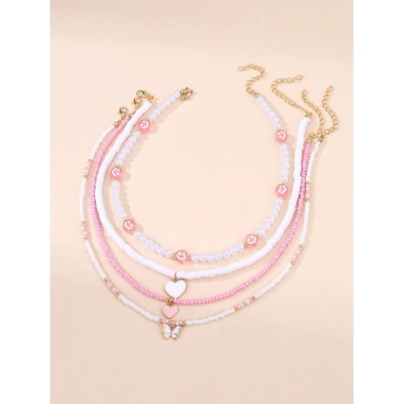 4pcs Girls’ Necklace Gift Set, Heart Butterfly & Face Charm Pendants, Perfect Present for Her