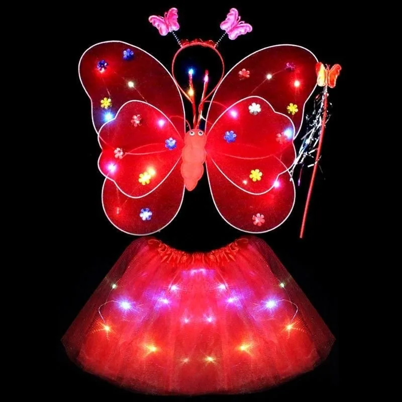 أجنحة الفراشة المتوهجة تضيء فستان الأميرة الجنية عصا سحرية 3 قطعة مجموعة أزياء أداء الحفلات لعب الأدوار دعائم التصوير الفوتوغرافي #2