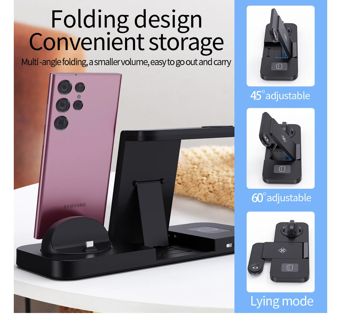 Foldable 6 in 1 Wireless Charger Stand For Samsung S22 S21 S20 S10 Note Galaxy Watch 5 4 Active Buds Fast Charging Dock Station