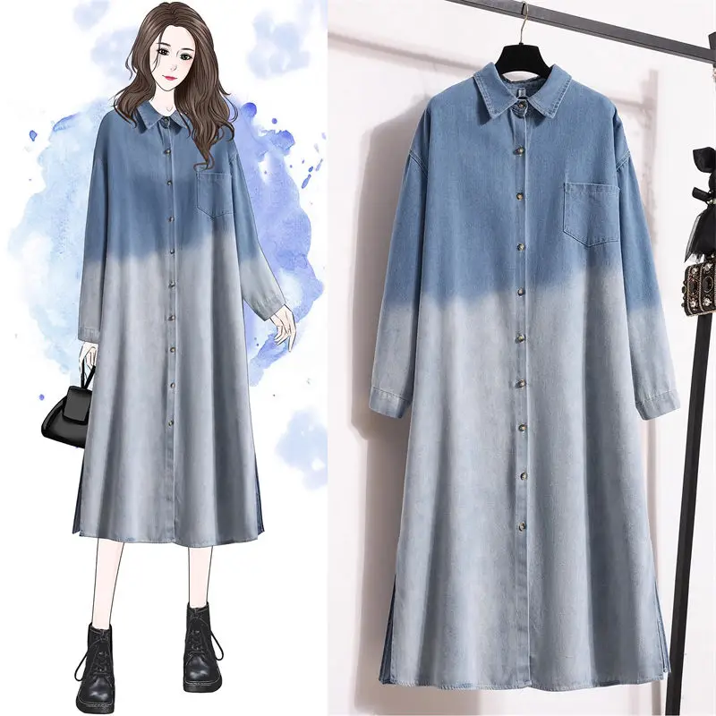 

Color Blocking Washed Fashionable Casual Denim Dress Autumn Loose Large Size Artistic Long Sleeve Shirt Dress Women's Robe Z3287