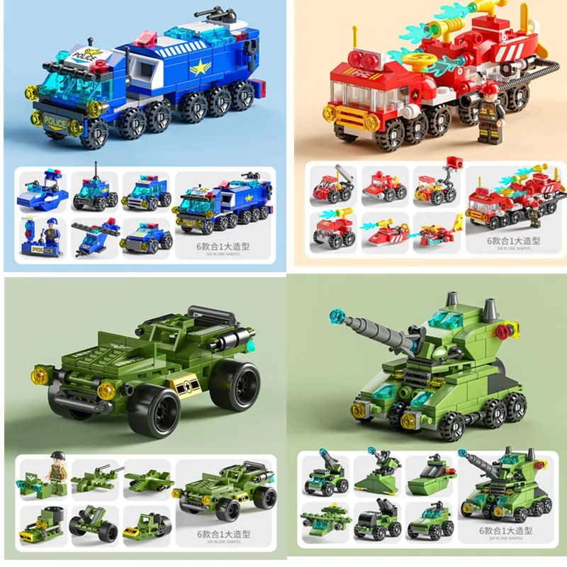 14 Styles Kids Car City Fire Car Engineering Police Truck Engineering Crane Tank Helicopter Bricks 6IN1 Set Building Blocks Toys