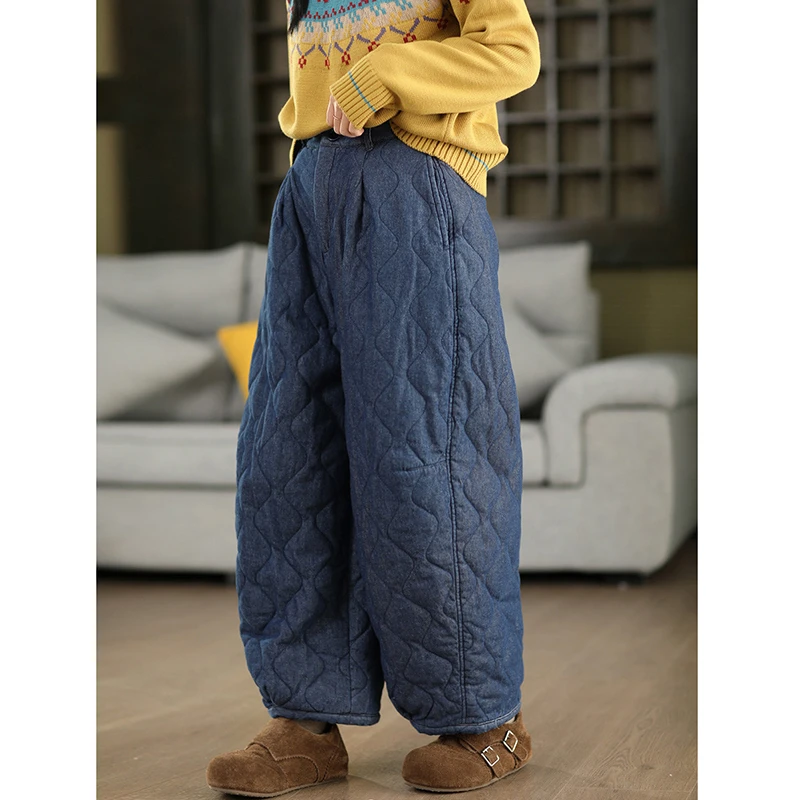 

2026 New Arrival Winter Women Cotton Denim Vintage Ankle-length Pants Casual Loose Cotton Elastic Waist Thicken Harem Pants Y143