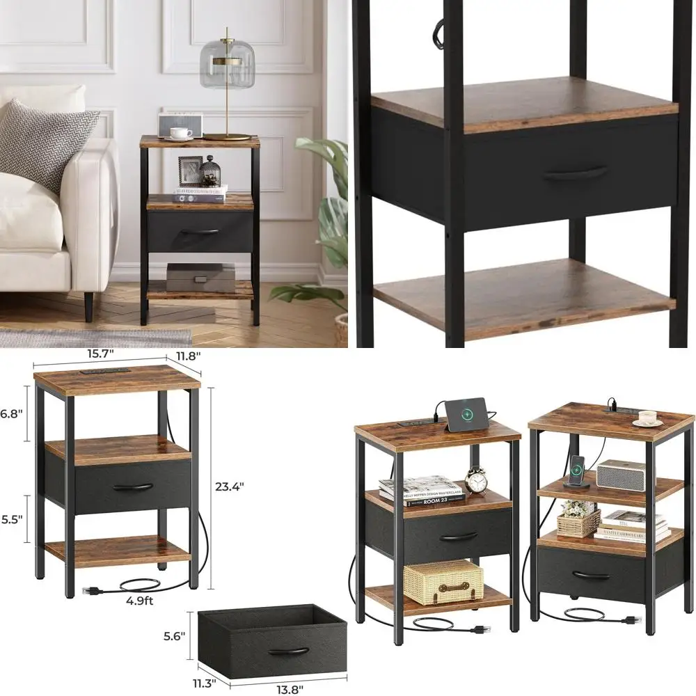 

Пара тумбочек с зарядной станцией, тканевым ящиком, 3-х уровневое хранилище, коричневый и черный в деревенском стиле для спальни или гостиной