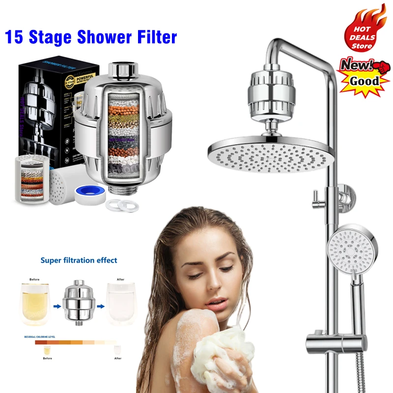 Filtro de ducha de baño de 15 etapas para agua dura, elimina el cloro, purificador de agua, filtro de cabezal de ducha, cartucho de filtro de