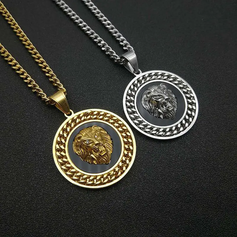 Megin D Stainless Steel Titanium Hip Hop Round Lions Head Weaven Punk Pendant Collar Chains Necklace for Men Women Gift Jewelry