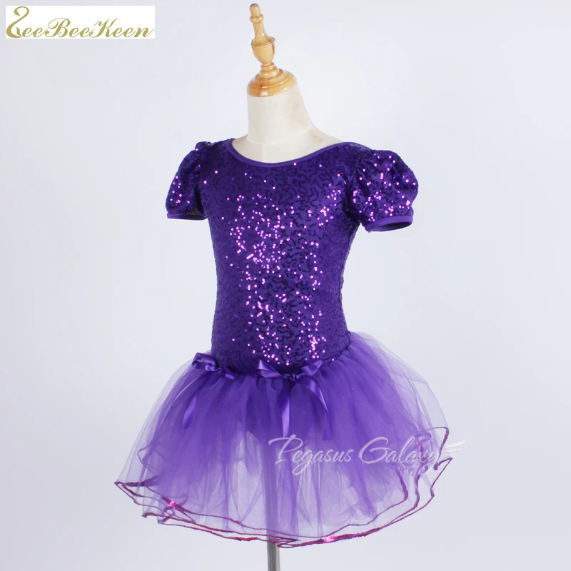 solid purple short sleeved ballet dress sequins shinny ballet dance costume girls ballerina women stage show dancewear for adult