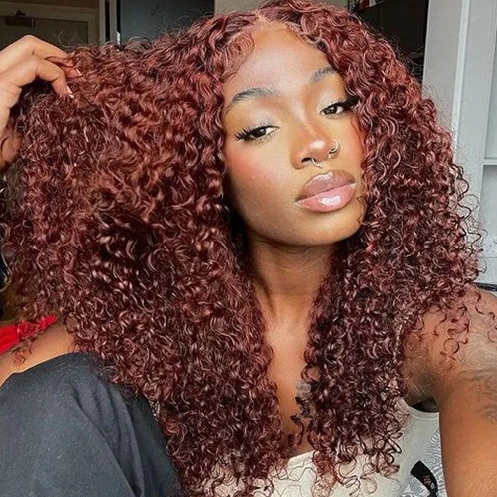 13x6x1 Reddish Brown Curly Wave Wig Human Hair HD Brown Deep Wave Lace Front Human Hair Wig Pre Plucked For Women 180% Density