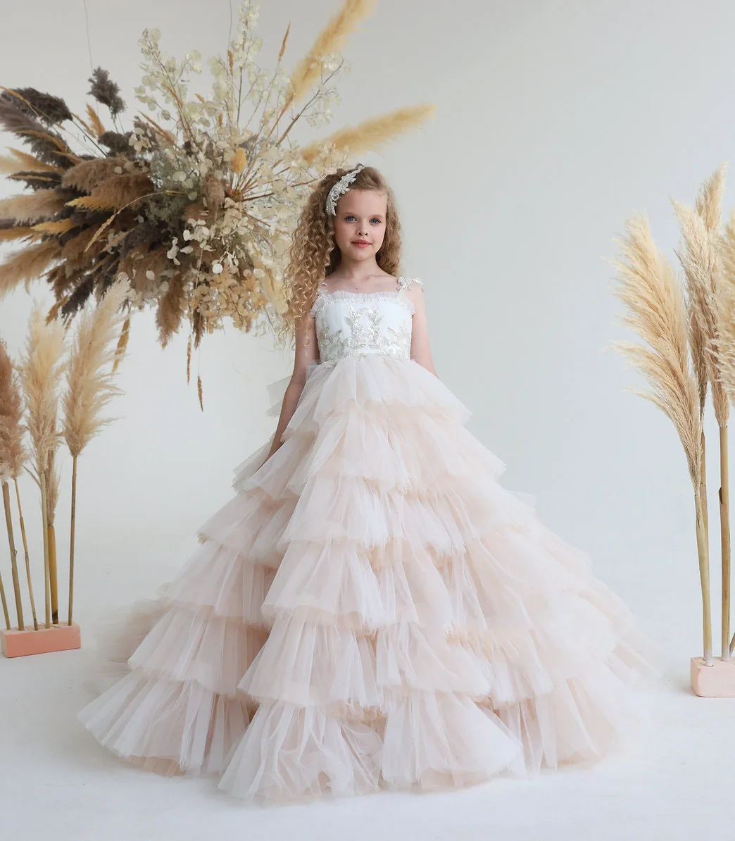 Vestidos de niña de flores de color rosa rubor para boda lentejuelas sin mangas con gradas elegantes vestidos de primera comunión para fiesta de cumpleaños para niños