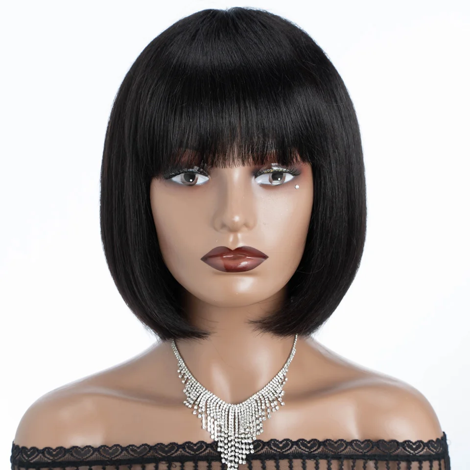 Short Human Hair Wigs For Women 100% Real Ready To Wear Straight Bob Brazilian Hair With Bangs Lace Inside Colored Wigs