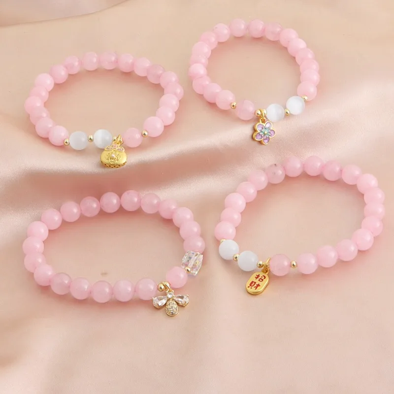 Minar Stylish Pink Color Natural Stone Crystal Opal Enamel Flower CZ Zircon Bee Lucky Bag Letter Coin Strand Bracelets for Women