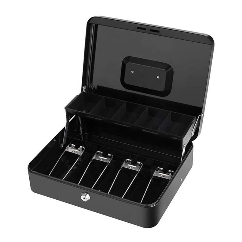 Cash Box Metal Cash Box With Tray And Key Lock, Tiered Locking Cash Box, Durable Lock Safe With 4 Bills, 5 Coin Slots