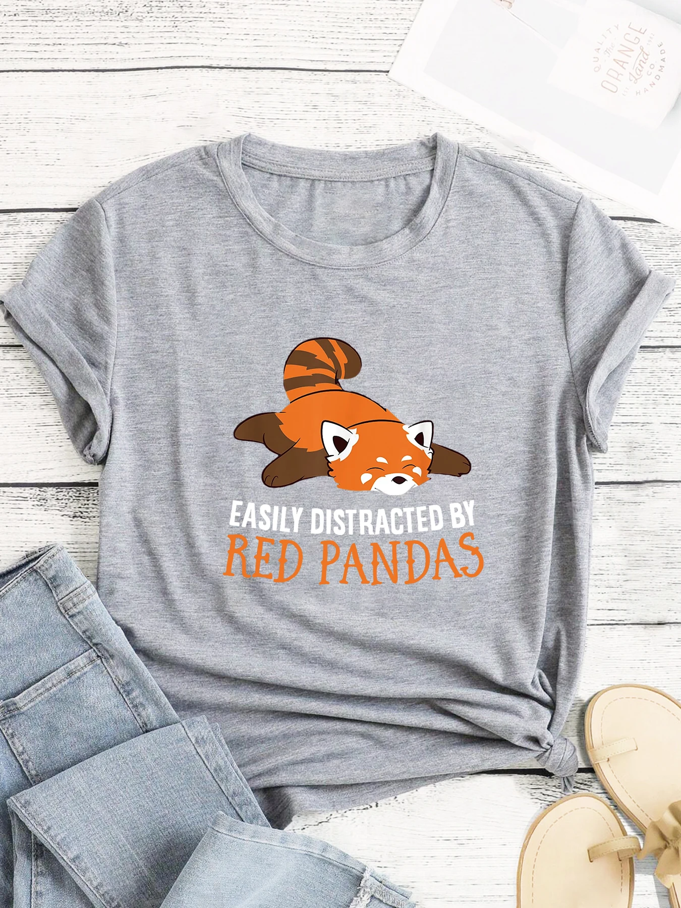 Red Panda Easily Distracted By Printed Short Sleeve Casual Fashion Women T-Shirt Pattern Women\'s Summer Printed T-Shirt