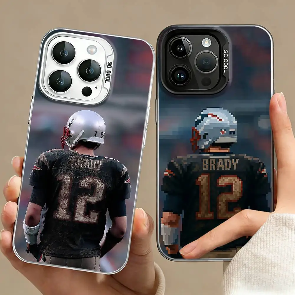 Capa de Celular O Ovelha de Ouro do Futebol Americano T-Tom Brady 12 para iPhone 17, 16, 15, 14, 13, 12, 11 Plus, Pro Max, XS, Capa de Celular Prata Colorida
