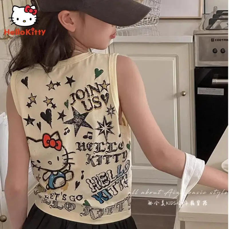 

Children Clothing Anime Cartoon Hellokitty Girl Summer Vest Sleeveless Tops Western Style Sweet and Spicy Style Vest Tee Shirt