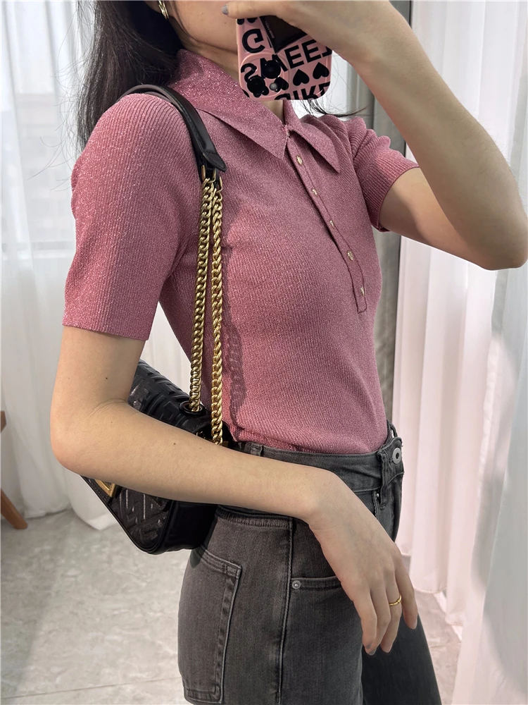 

Chic little shirt! 2024 Spring new slim French temperament sweet pink polo collar women's sweater T-shirt