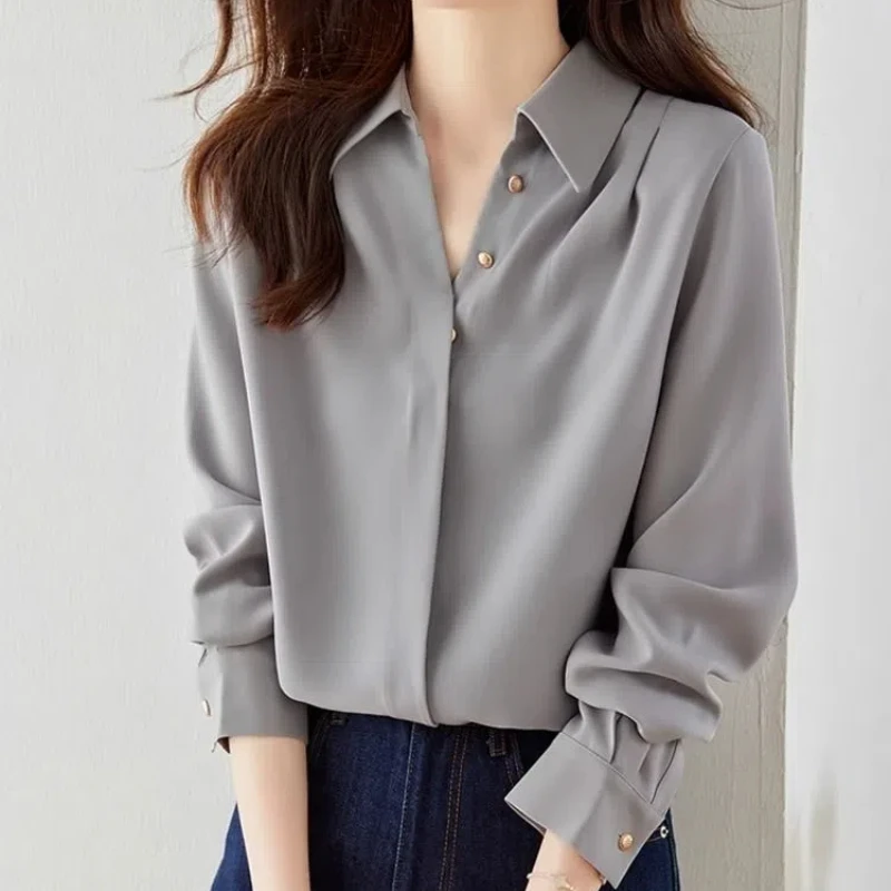 New Spring Autumn Long Sleeve Polo Neck Loose Office Blouse Solid Simplicity Elegant Shirt Tops Vintage Fashion Women Clothing
