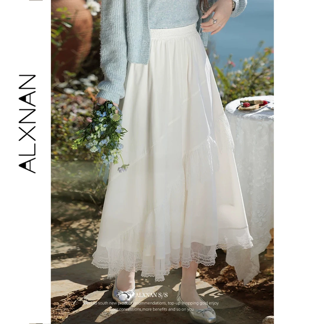 

Кружевная юбка ALXNAN Off-white, летняя коллекция 2026, женская длинная юбка, элегантная повседневная, праздничная, универсальная, миди, L52886