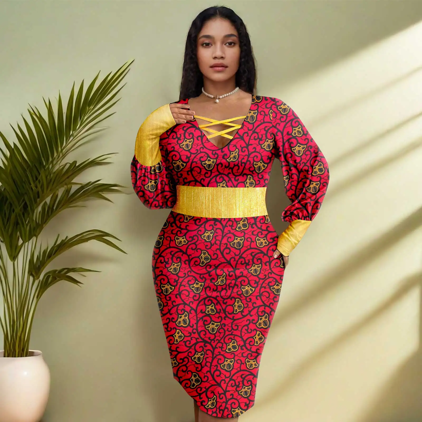 Abito da donna stampato Africa Ankara Abiti sexy a maniche lunghe impreziositi da paillettes dorate con scollo a V 2425147