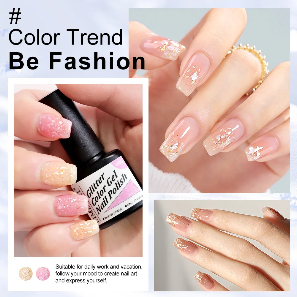طلاء أظافر جل لامع ، شبه دائم ، فن تجميل الأظافر ، جل صلب ، طلاء ، مانيكير ، وردي ، تأثير رقائق الذهب #5