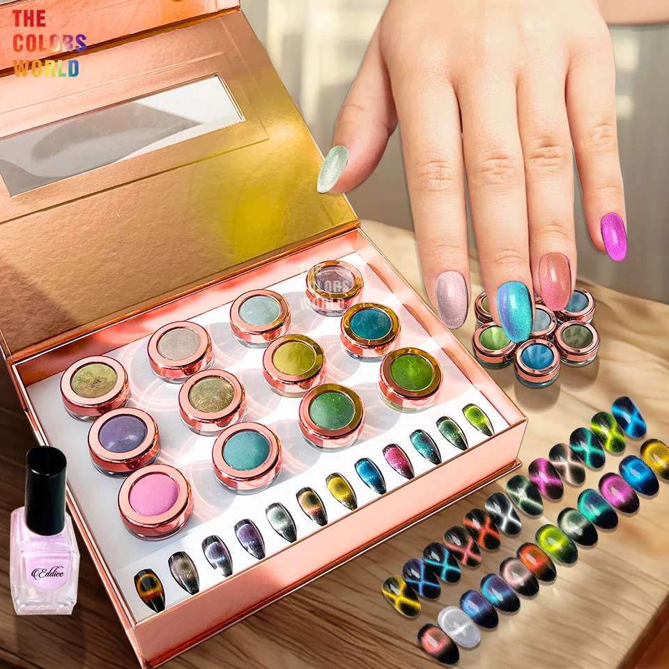 

TCT-986 Magnetic Cat Eye Nail Powder 12 Colors One Set and Nail Tips Chart Display For Nail Art Nail Salon Manicure DIY