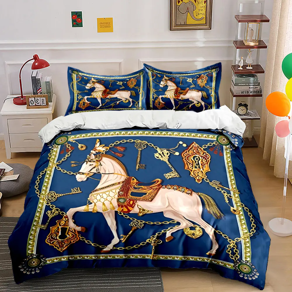 

Ornate horse with golden key chains Printed Duvet Cover Set 1 Duvet Cover+2 Pillowcase Multi Size Bedroom Bedding Decor