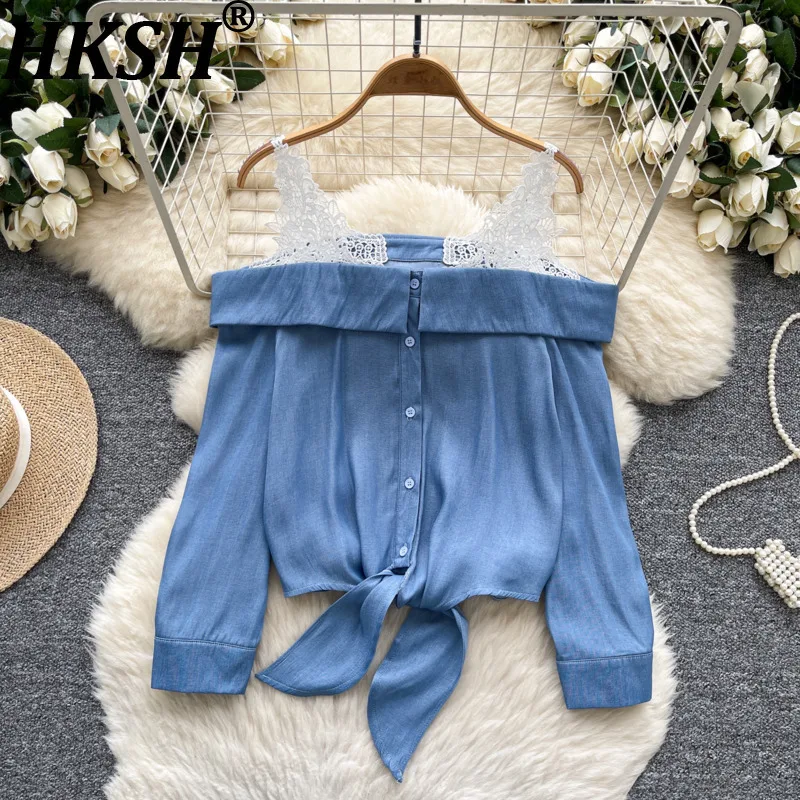 

HKSH Summer New Women High Street Chic Off-Shoulder Lace Strap Patchwork Long Sleeved Tops Tide Tie Single Breasted Shirt HK7648