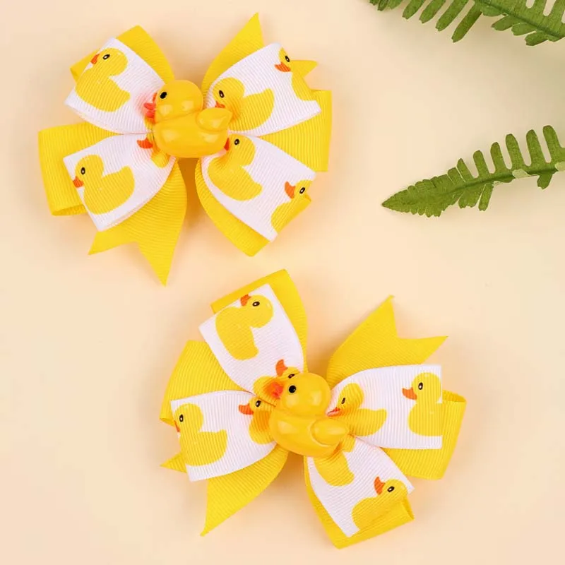 ncmama 2Pcs Little Yellow Duck Bow Hairpin Cute Duck Print Ribbon Bows Hair Clips for Girls Barrettes Headwear Hair Accessories