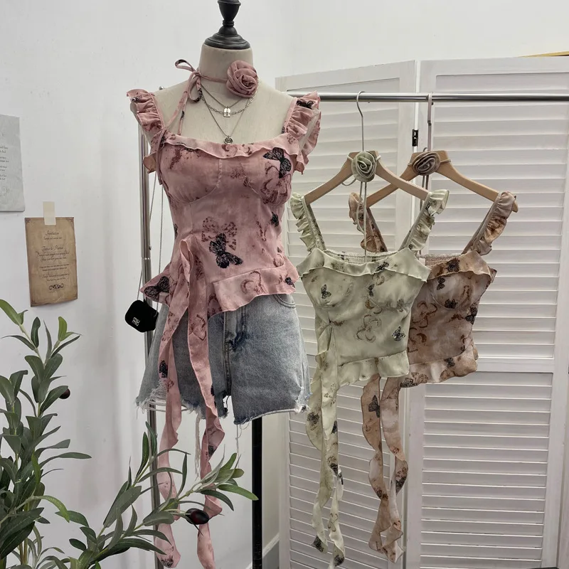 ISAROSE Top in chiffon con farfalla vintage per donna Canottiere estive con girocollo rosa colletto quadrato senza maniche con volant irregolare