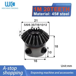 1PC Bevel Gear 1M 20Teeth Inner Bore 5/6/7/8mm Gear 90 Degrees Transmission Gear DIY Carbon Steel Cnc Machine