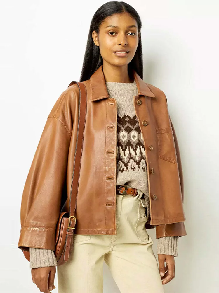 

Кожаная куртка в стиле ретро, женская однобортная куртка из искусственной кожи с лацканами и длинными рукавами, женская куртка из искусственной кожи, весна-лето 202, винтажное женское пальто High Street