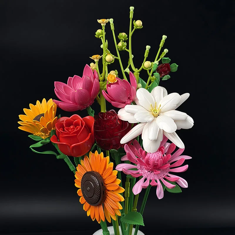 Building Block Flower Bouquet Assembly Model, Sunflower and Rose Mixed Eternal Flowers, Adult DIY Desktop Decoration, Valentine's Day Gift for Girlfriend