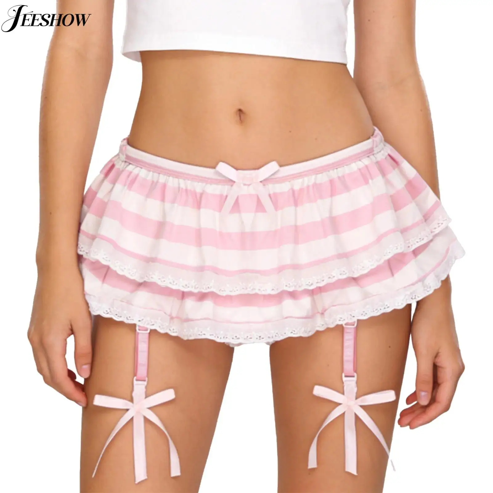 Womens Anime Style Tiered Ruffled Mini Skirt Built-in Briefs Floral Lace Trim Striped A-line Micro Skirt Culottes with Garter